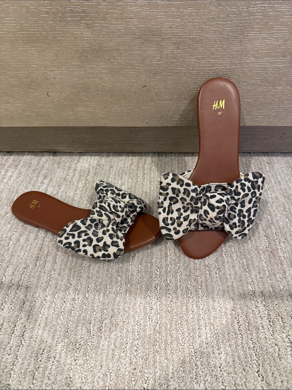 H&M Leopard Bow Slide Sandals in Brown, Black, and Cream
